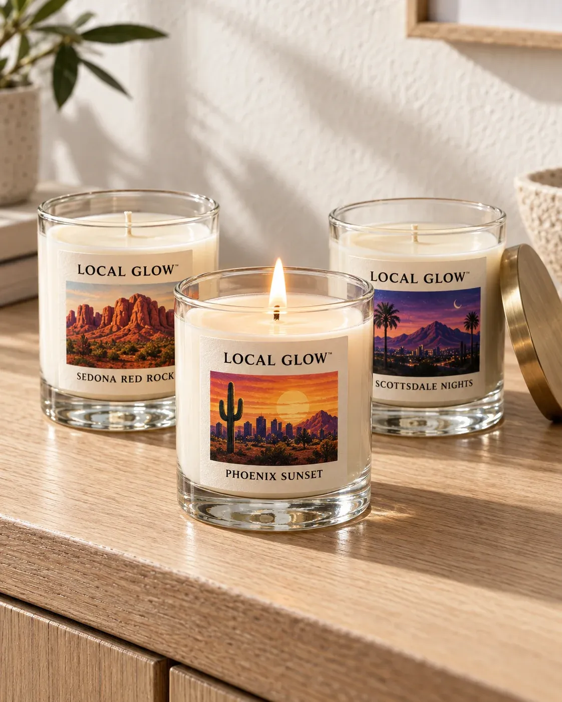 LOCAL GLOW candles with Arizona landscape labels.