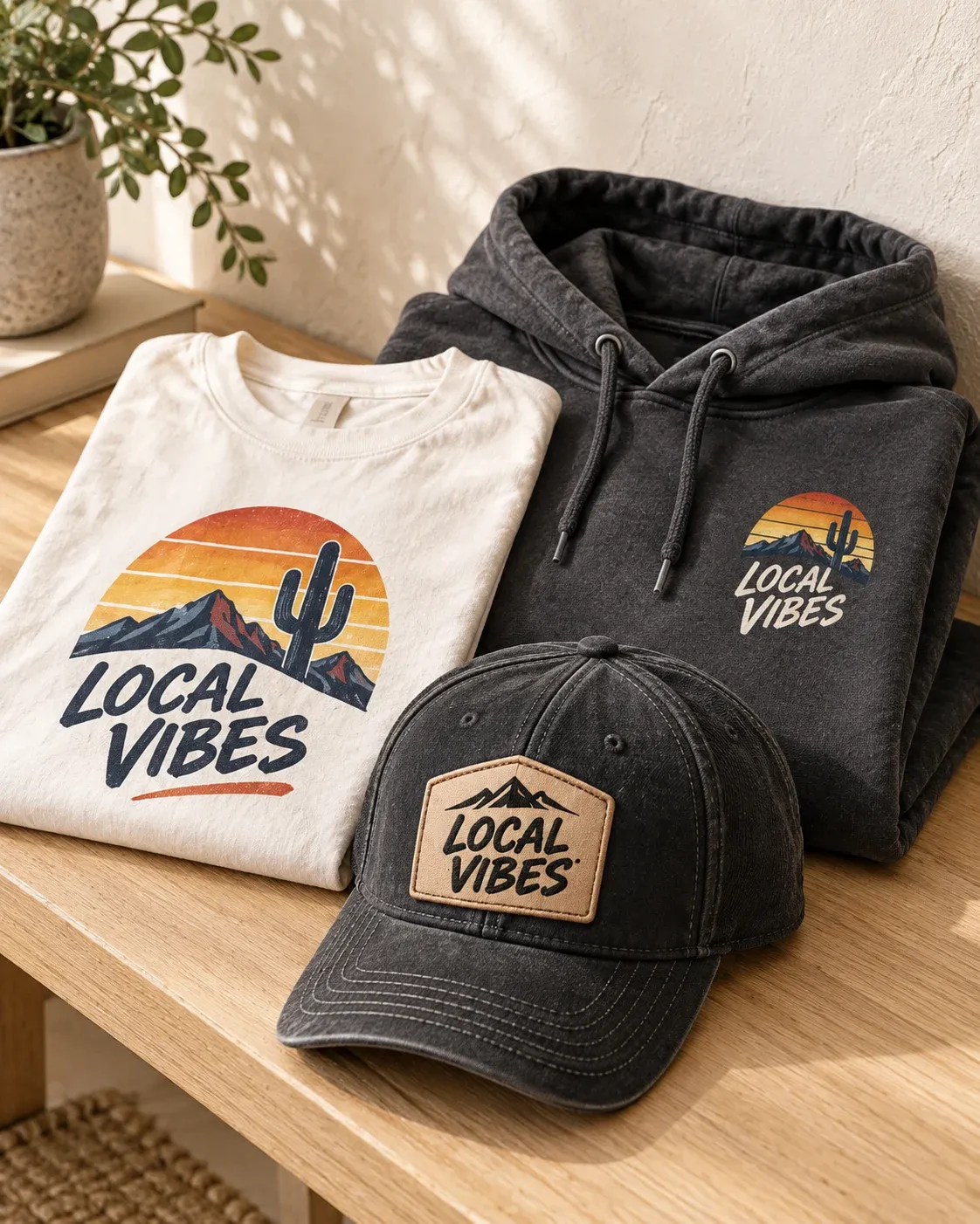 LOCAL VIBES hoodie, T-shirt and cap.